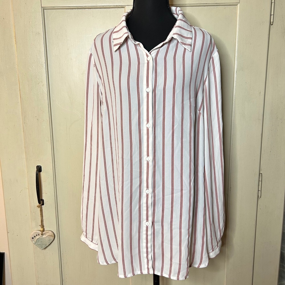 Adrianna Papell White Red Striped Long Sleeve Button Down Shirt Womens Size L
